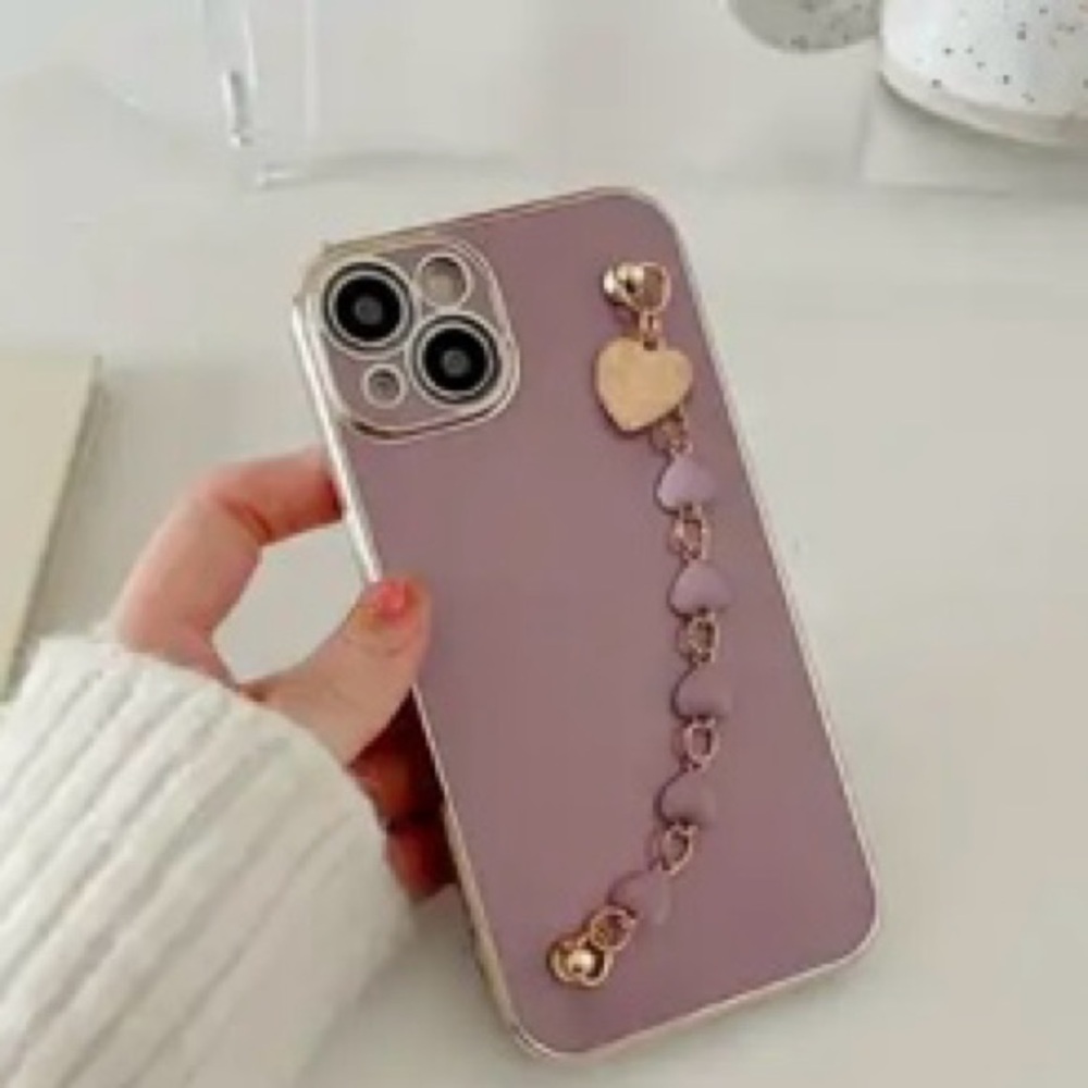 New iPhone 15 purple gold Heart Chain Phone Case
